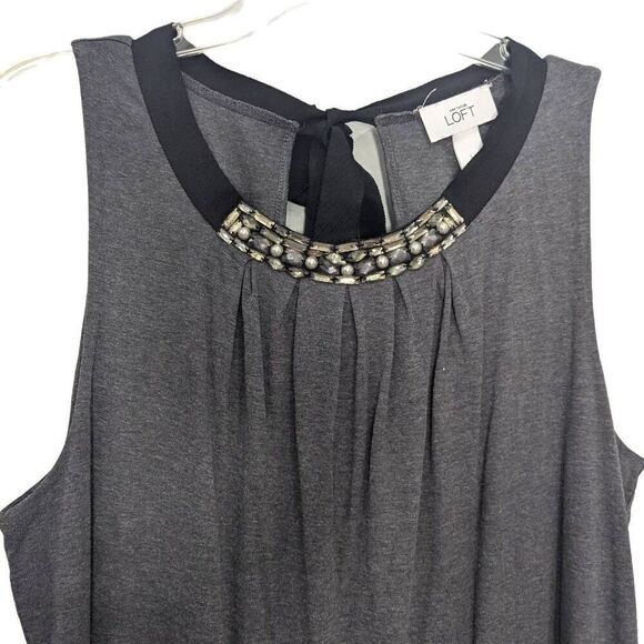 New LOFT Charcoal Jersey Knit Shift Dress Bead Accented Neckline Women Size L - Picture 3 of 9